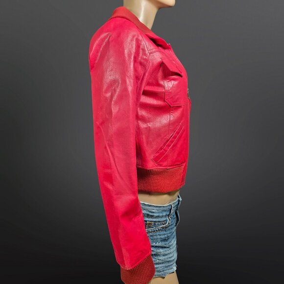 Y2K Red Leather Bomber Moto Jacket Size S Short Cropped Zip Up 2000s - Picture 7 of 12